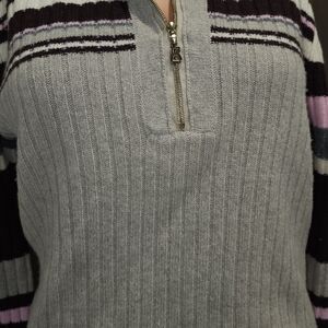 Bogner Gray V-Neck Sweater with Purple and Black Stripes